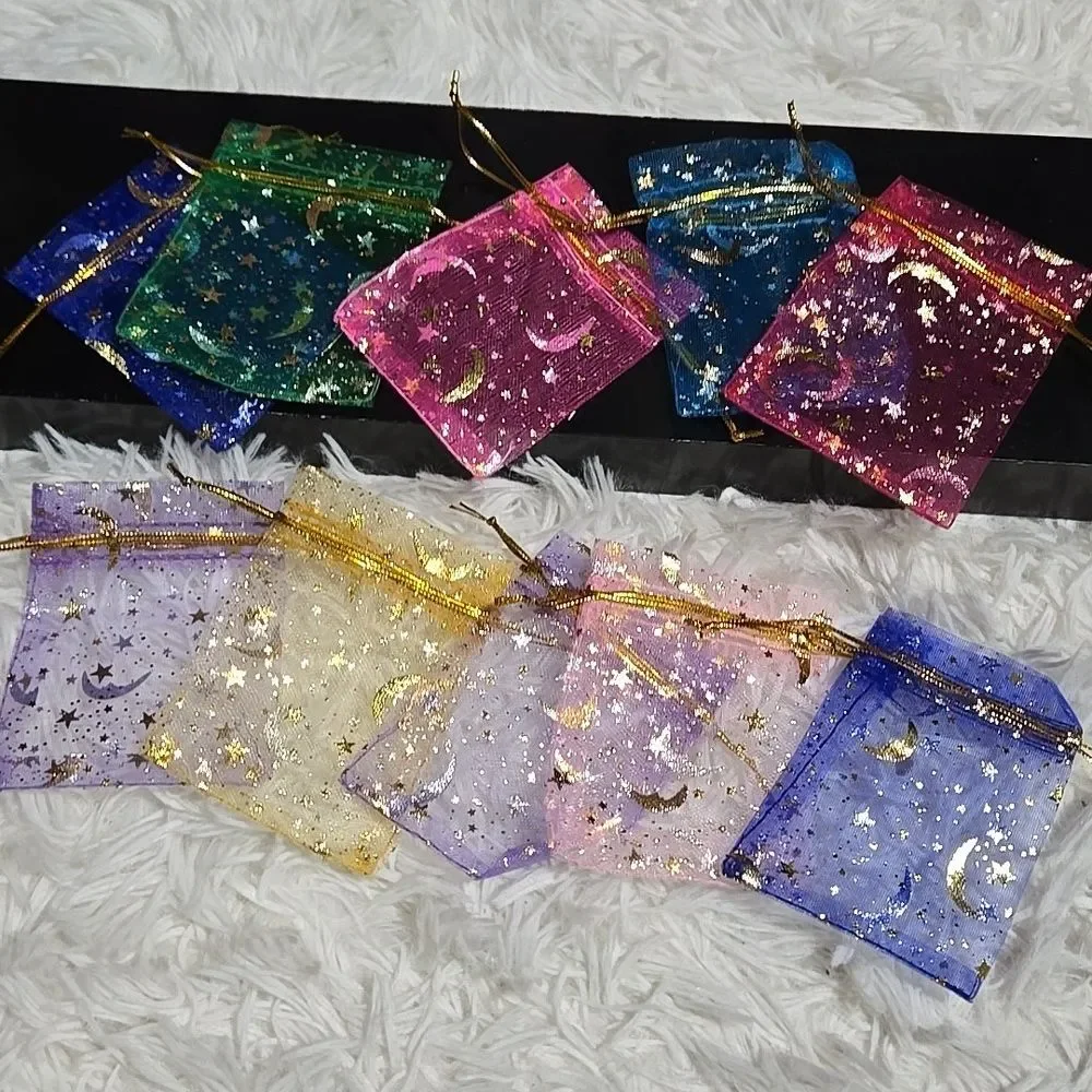 Sheer Organza Gift Bags Drawstring XSmall Metallic Stars Gold pink Colors Cinch